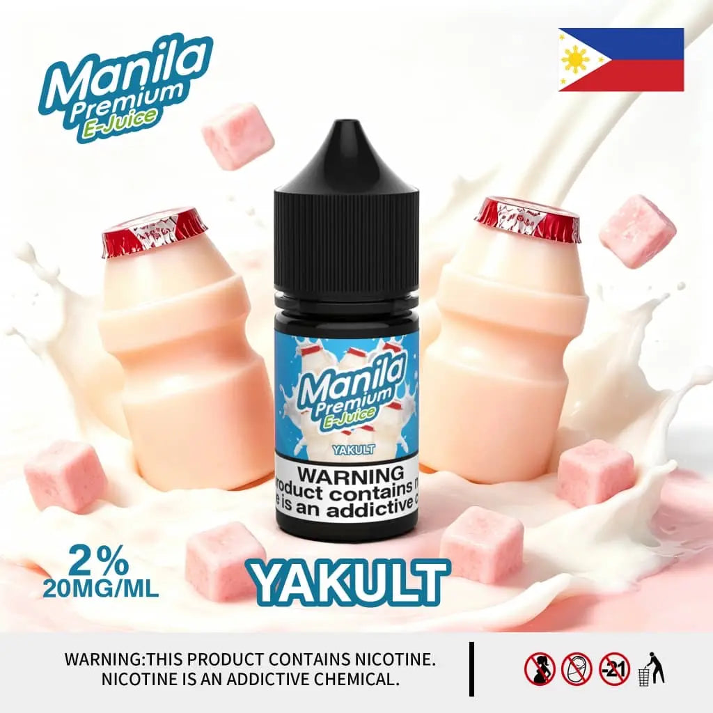 Manila Premium Yakult e-liquid bottle with milk and pink candy in the background