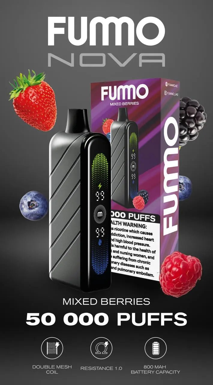 FUMO Nova vaping device and packaging with mixed berries flavor on a dark background. Order Now!