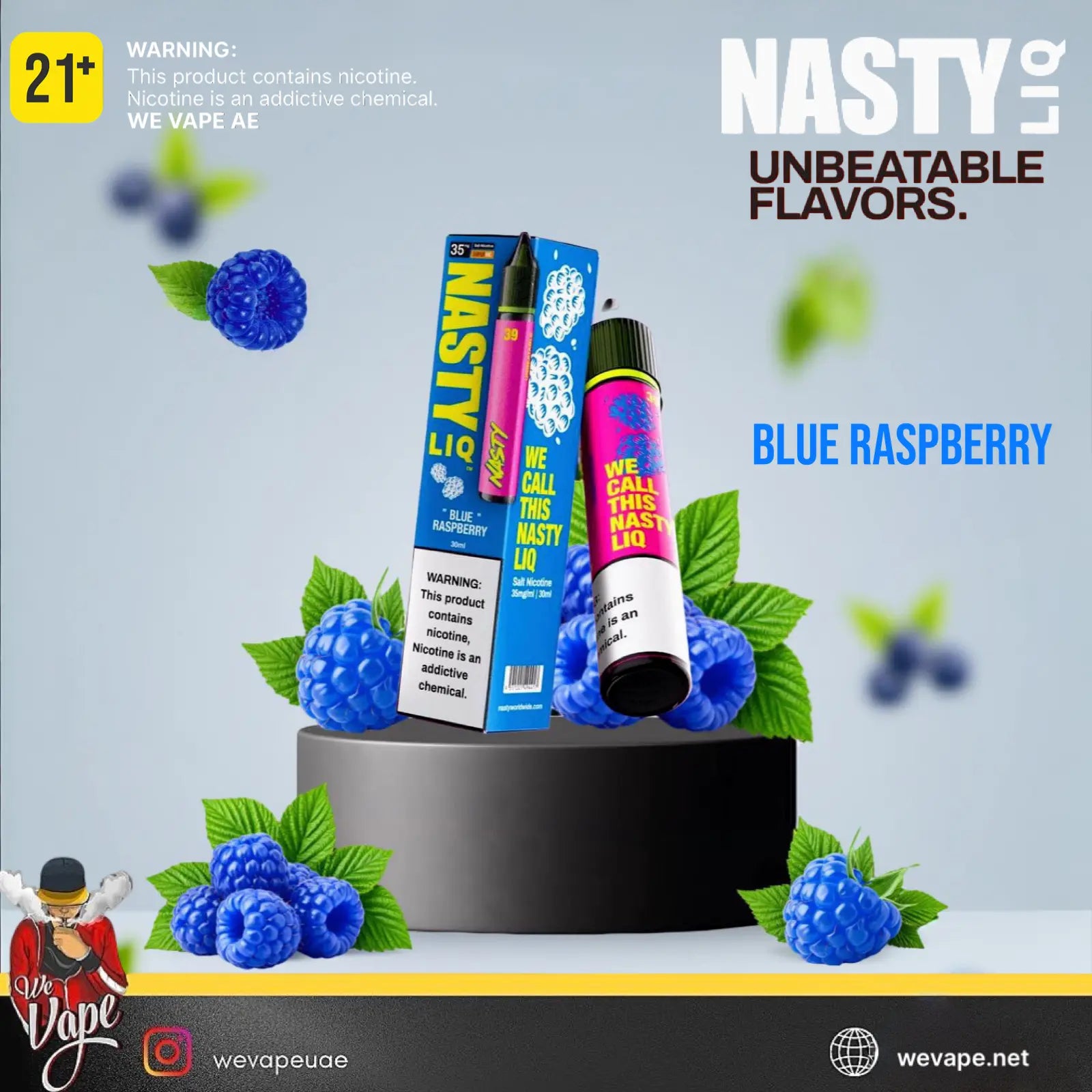 Nasty Liq vape products with blue raspberry flavor on a light gray background. Order Now!