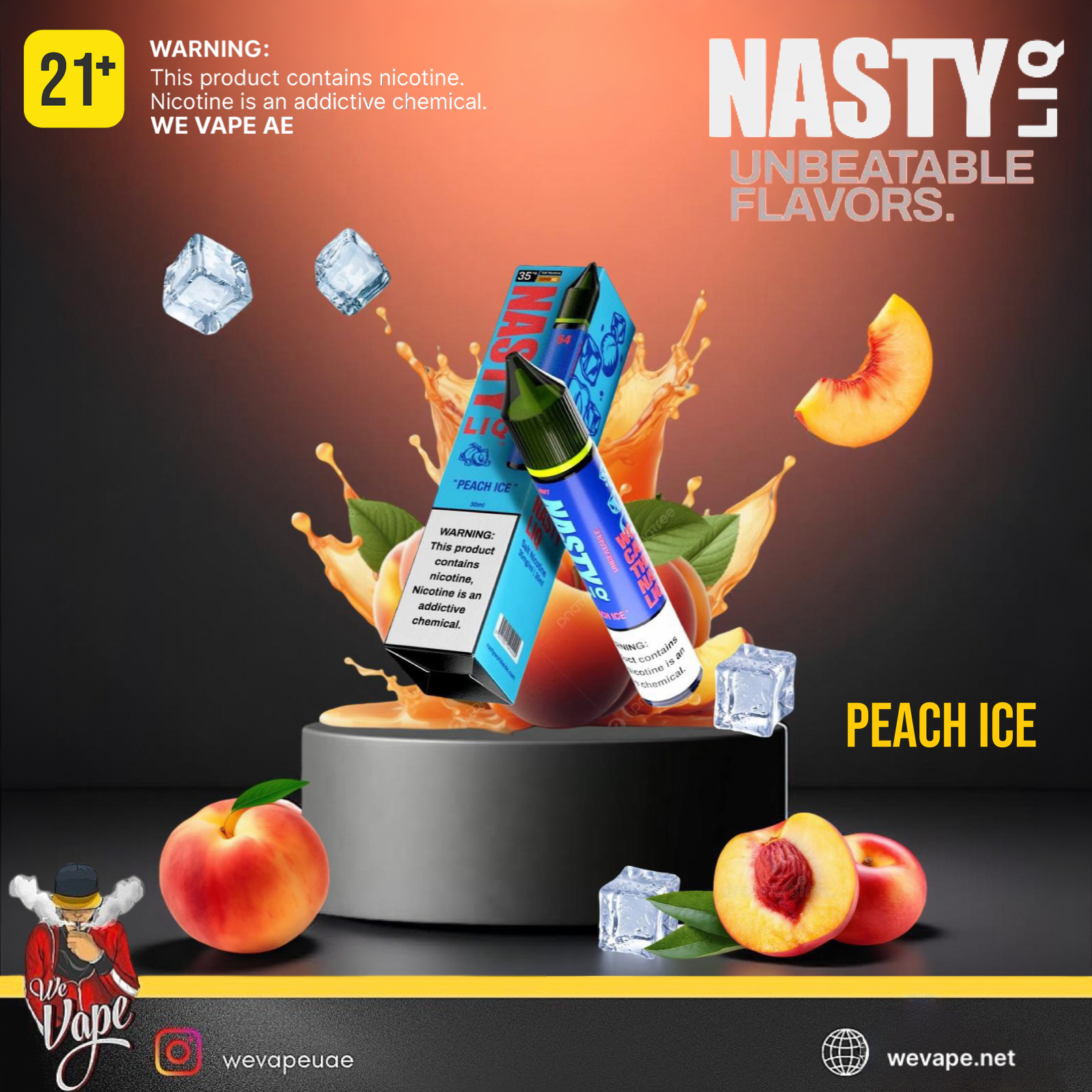 Nasty E vape device with peach ice flavor on a dark background with peaches and ice cubes. Order Now!