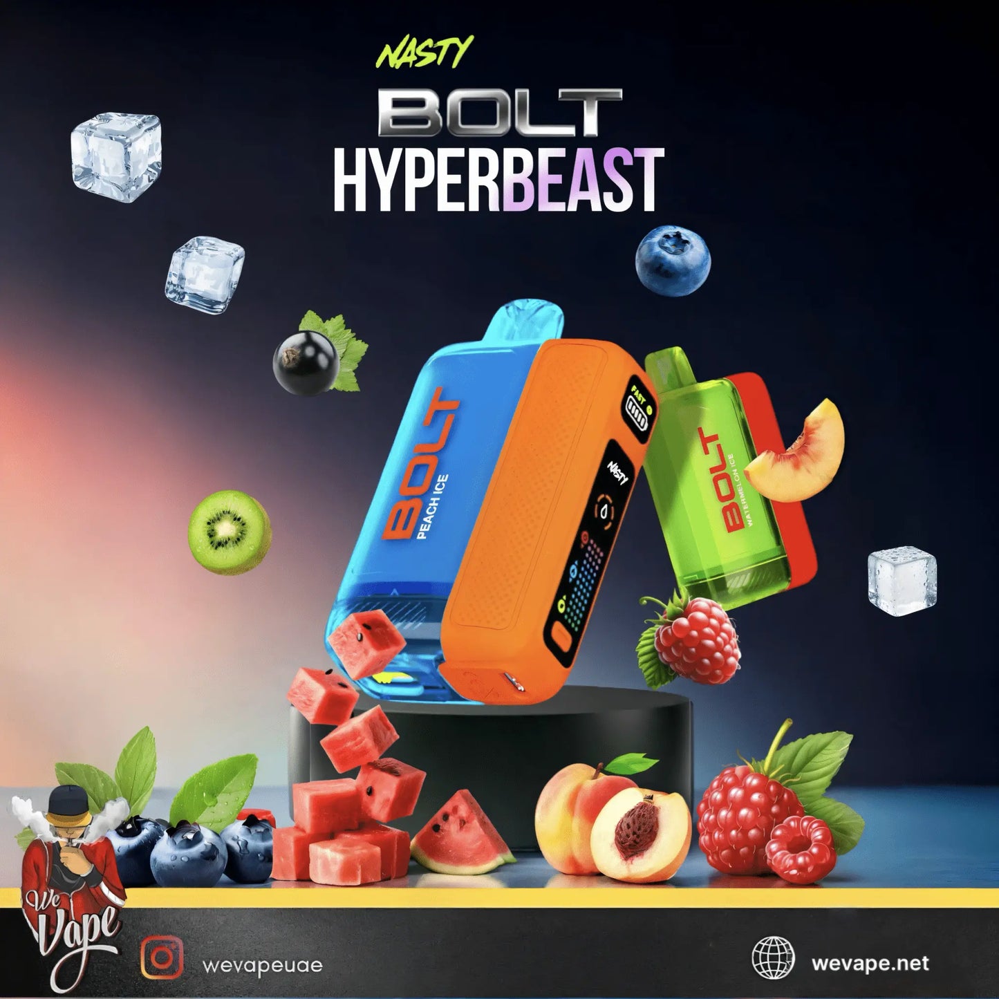 nasty Bolt Vape device with colorful packaging and fruit elements on a dark background