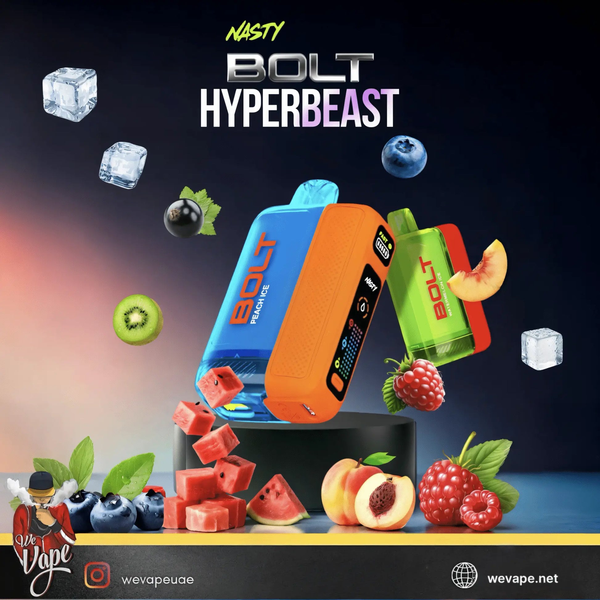 nasty Bolt Vape device with colorful packaging and fruit elements on a dark background
