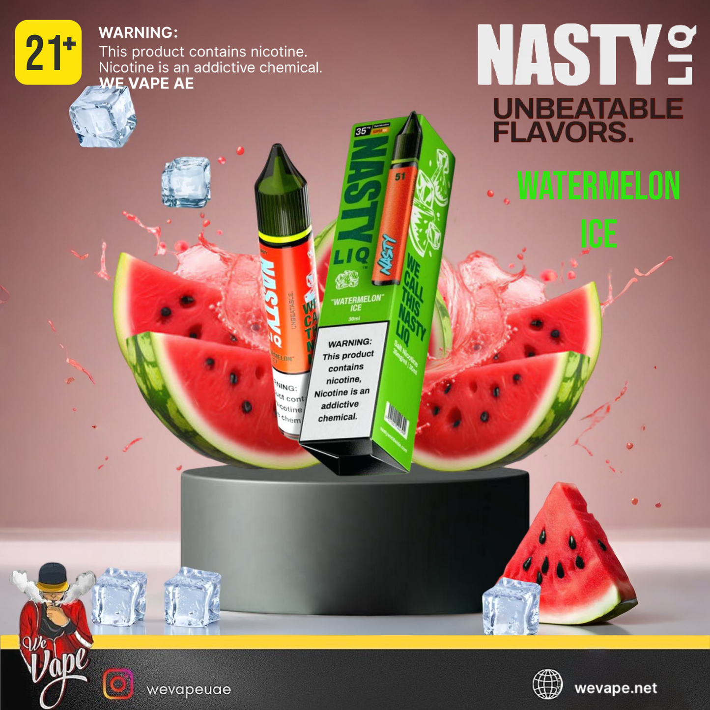 Nasty Liq vape salt nic with watermelon ice flavor packaging on a watermelon-themed stand. Order Now!