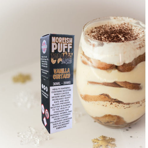 Vanilla Custard by Moreish Puff (Saltnic) - 30ml bottle, 20mg nicotine strength. Smooth and creamy vaping delight awaits.