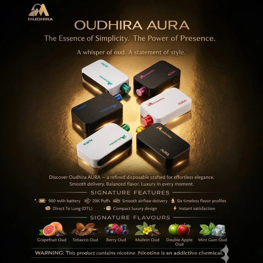 A promotional graphic for Oudhira Oudhira AURA disposable vape devices, showing several devices in white and black with colorful flavor indicators, set against a dark, atmospheric background with text detailing features and flavors.
