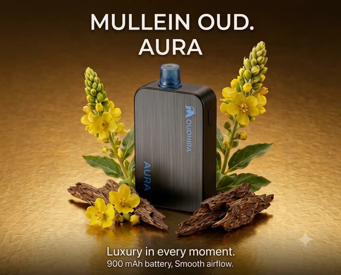 A sleek black rectangular vape device labeled AURA and OUDURA, styled with yellow flowers and driftwood on a warm brown background, with text reading 'MULLEIN OUD. AURA'.