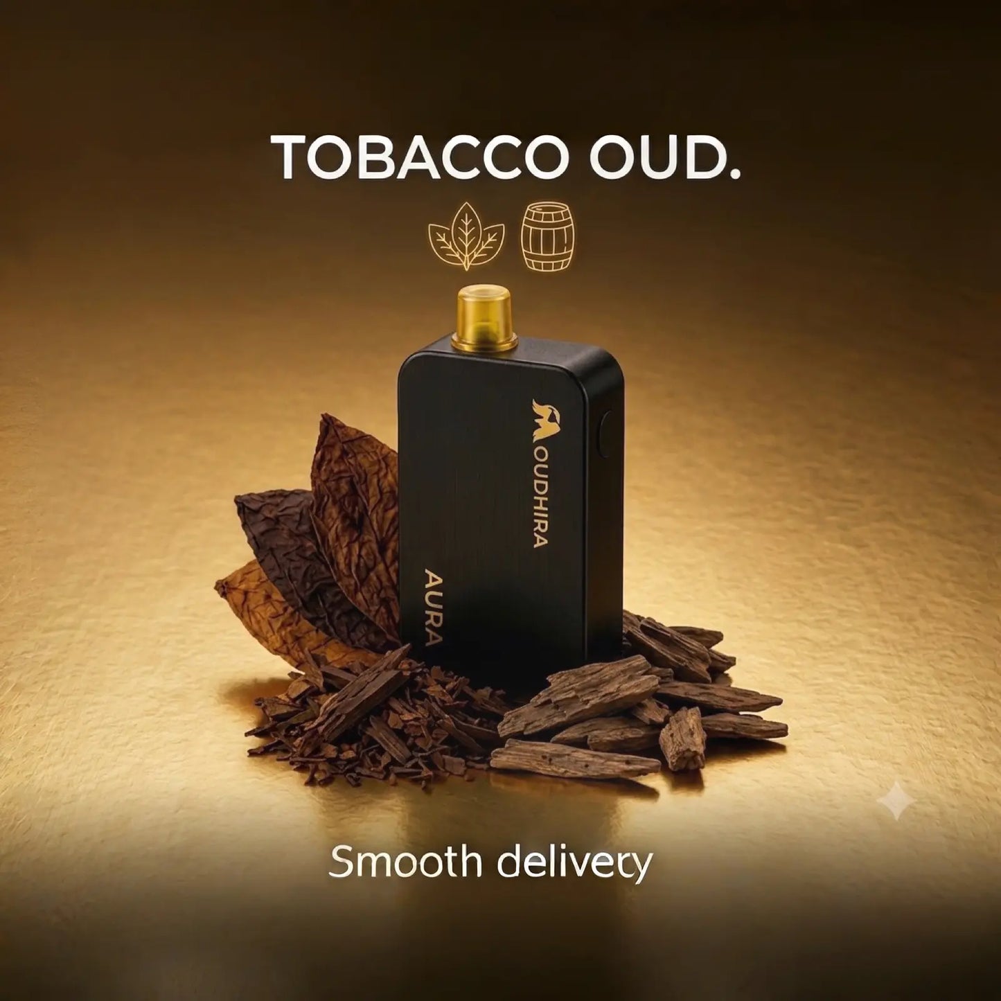 A black AURA QUINTIRA vape device with a gold mouthpiece, styled on a textured gold surface with scattered tobacco leaves and chips. The text 'TOBACCO OUD.