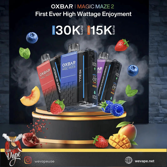 OXBAR Magic Maze 2 vape devices with fruit graphics and promotional text on a dark background. ORDER NOW AND GET FREE DELIVERY!