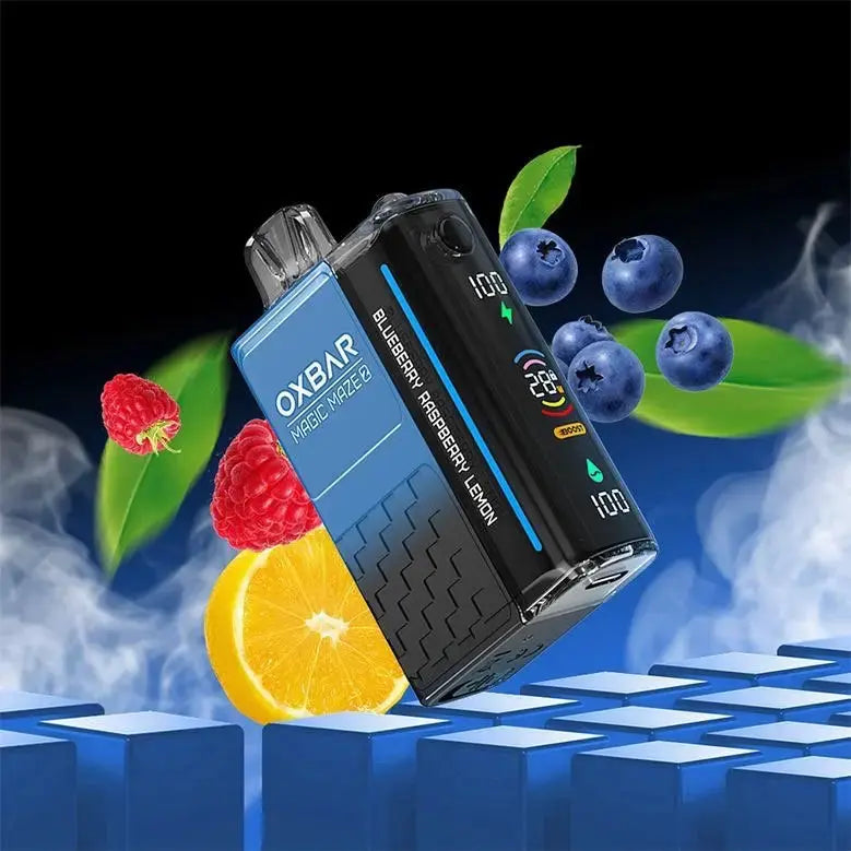 OXBAR vape device with blueberries, raspberries, and an orange on a checkered platform. ORDER NOW AND GET FREE DELIVERY!