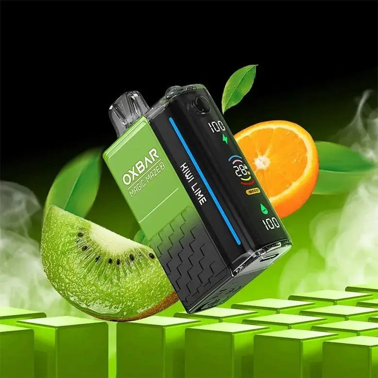 OXBAR vape device with a kiwi and orange slice on a green and black background. ORDER NOW AND GET FREE DELIVERY!