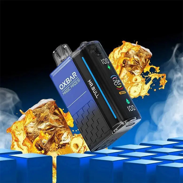 OXBAR vape device with ice cubes and flames on a blue and black background. ORDER NOW AND GET FREE DELIVERY!