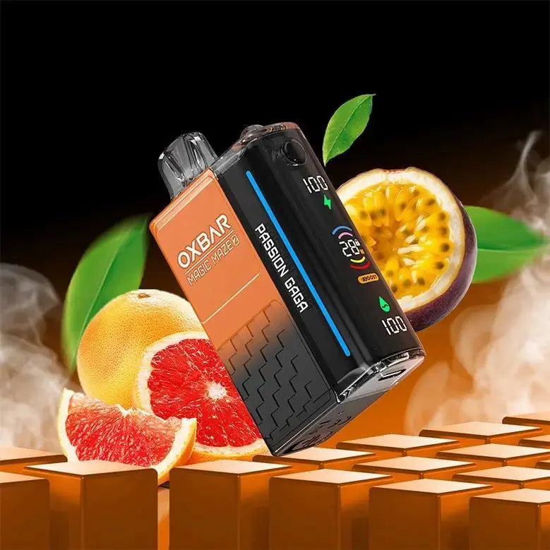 OXBAR vape device with passion fruit and grapefruit on a dark background. ORDER NOW AND GET FREE DELIVERY.