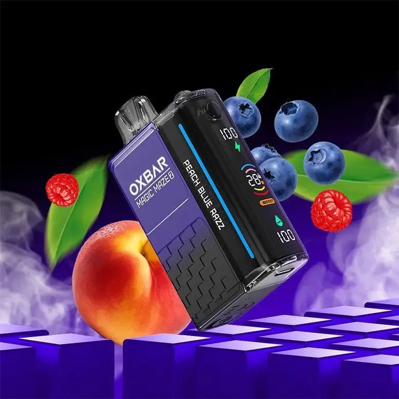 OXBAR vape device with peach, blueberry, and raspberry graphics on a checkered platform. ORDER NOW AND GET FREE DELIVERY!
