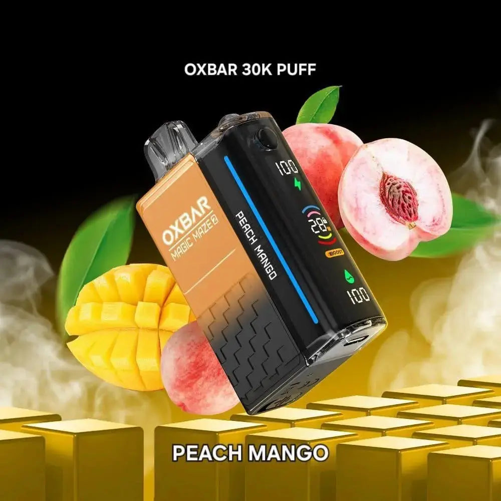 OXBAR 30K PUFF vape device with peach and mango graphics on a dark background. ORDER NOW AND GET FREE DELIVERY!