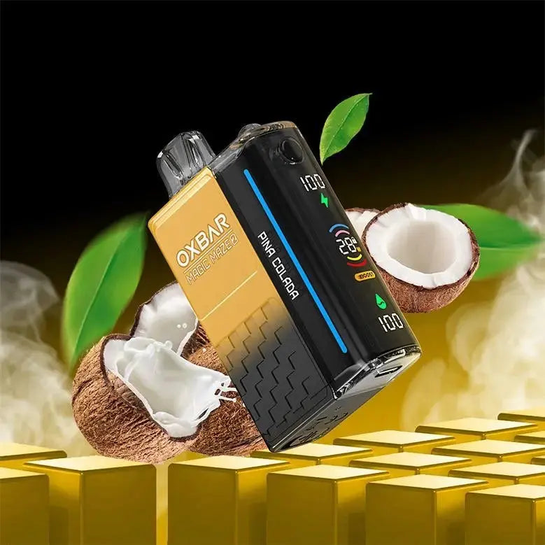 OXBAR vape device with coconuts and gold bars on a dark background. ORDER NOW AND GET FREE DELIVERY!