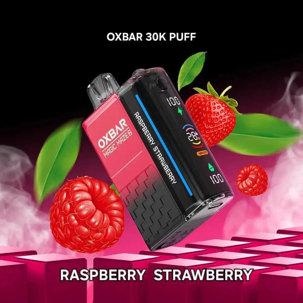 OXBAR 30K PUFF raspberry strawberry vape device with raspberries and strawberries on a dark background. ORDER NOW AND GET FREE DELIVERY!
