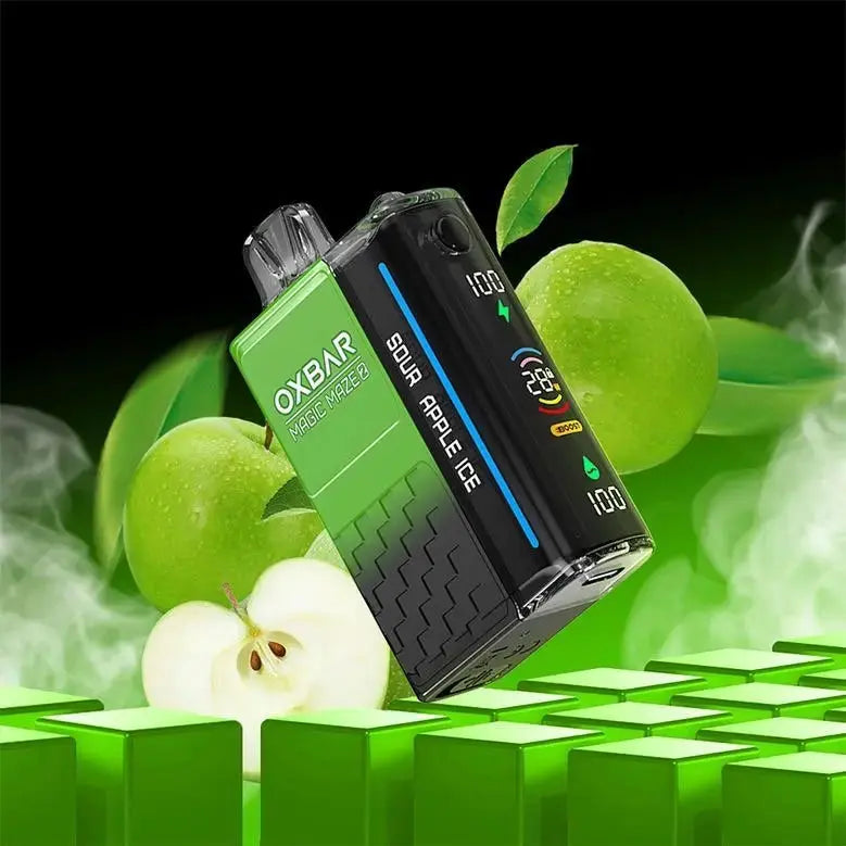 OXBAR vape device with green apples and smoke effects on a black background. ORDER NOW AND GET FREE DELIVERY!