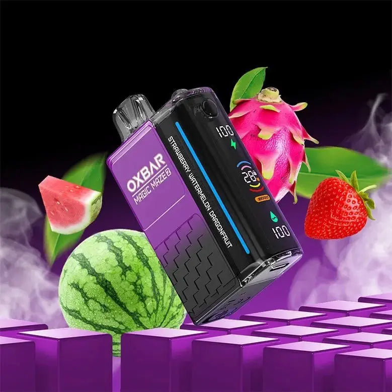 Two OXBAR vape devices with fruit graphics on a black and purple background. ORDER NOW AND GET FREE DELIVERY.