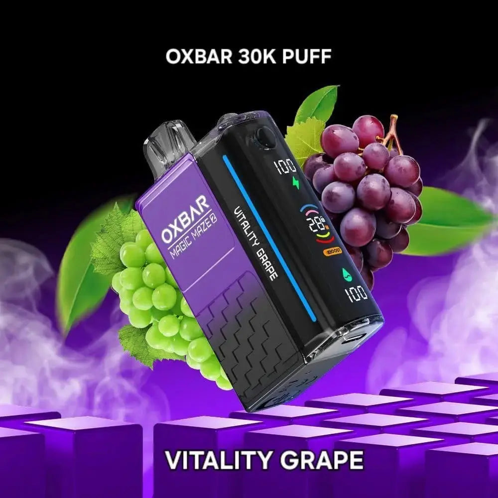 OXBAR 30K PUFF vaping device with grapes on a checkered purple and white background. ORDER NOW AND GET FREE DELIVERY!