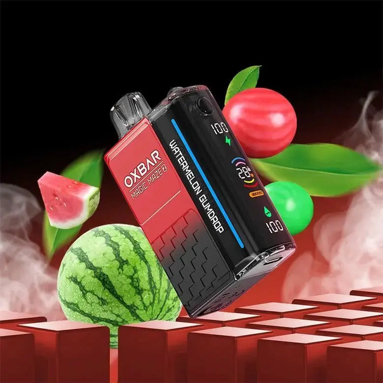 OXBAR vape device with watermelon flavor on a colorful background. ORDER NOW AND GET FREE DELIVERY!