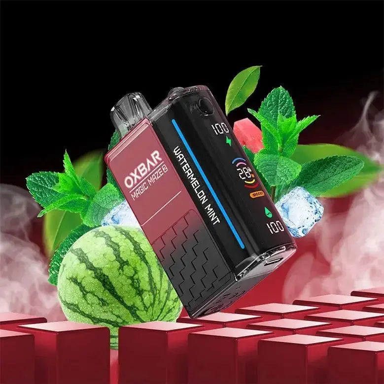 OXBAR vape device with watermelon mint flavor surrounded by watermelon and mint leaves on a red and black background. ORDER NOW AND GET FREE DELIVERY!