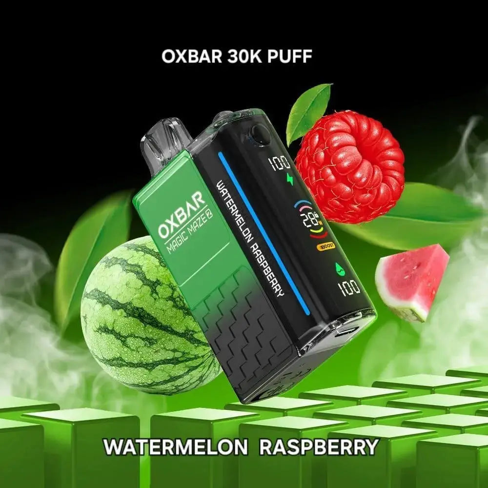 OXBAR vape device with watermelon and raspberry elements on a green and black background. ORDER NOW AND GET FREE DELIVERY.