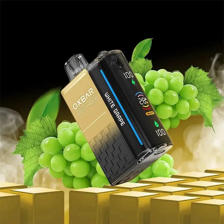 OXBAR vape device with green grapes in the background. ORDER NOW AND GET FREE DELIVERY!