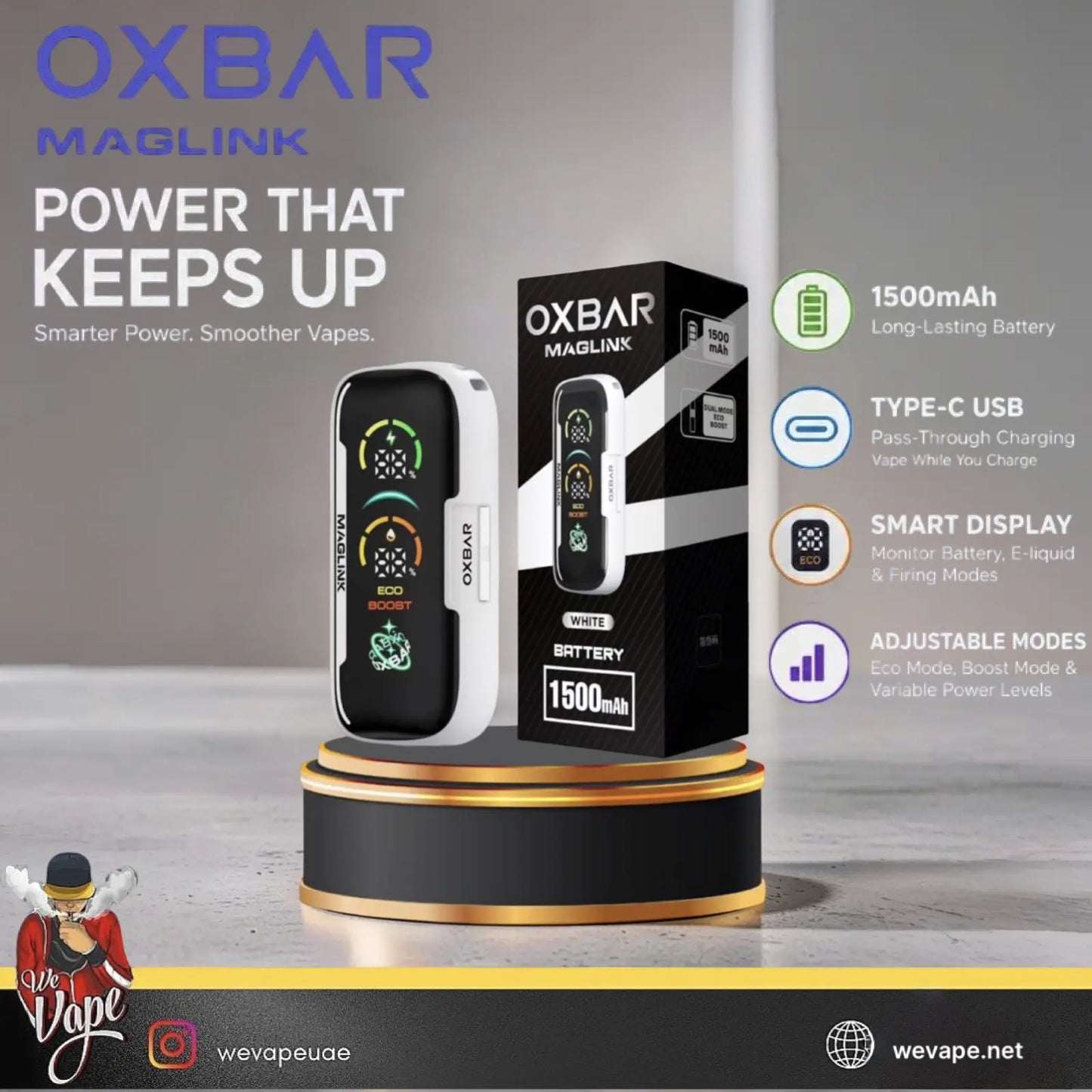 OXBAR MAGLINK vape device and its retail box displayed on a black and gold pedestal, with promotional text highlighting 1500mAh battery life, Type-C USB charging, smart display, and adjustable modes. ORDER NOW AND GET FREE DELIVERY.
