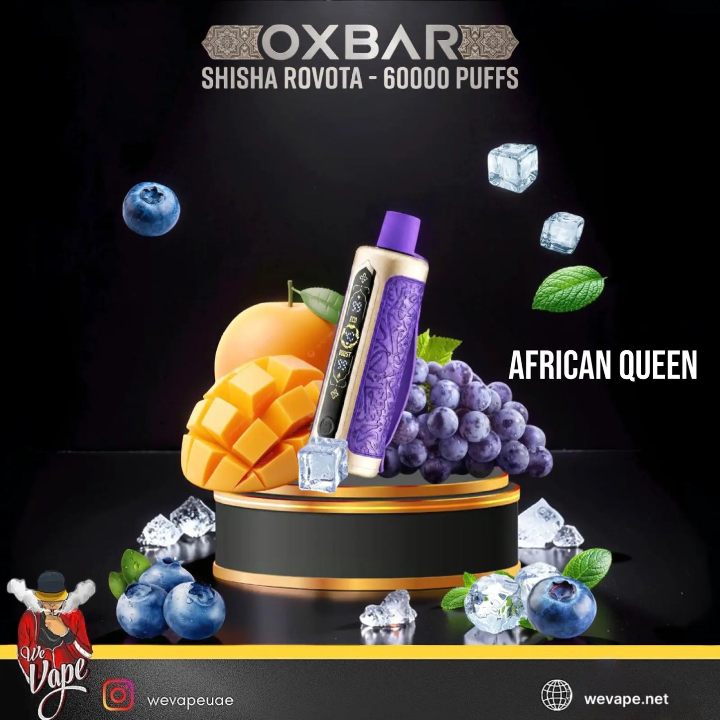 Oxbar Shisha Rovta 'African Queen' disposable vape device with a purple mouthpiece and black body, displayed on a black pedestal with blueberries, mango, and grapes, with floating ice cubes on a black background. ORDER NOW AND GET DISCOUNT.