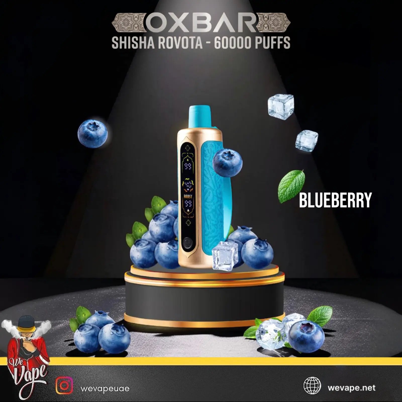 Oxbar Shisha Rovota disposable vape device in blueberry flavor, displayed on a black and gold pedestal with floating blueberries, ice cubes, and mint leaves against a dark background. ORDER NOW AND GET DISCOUNT.