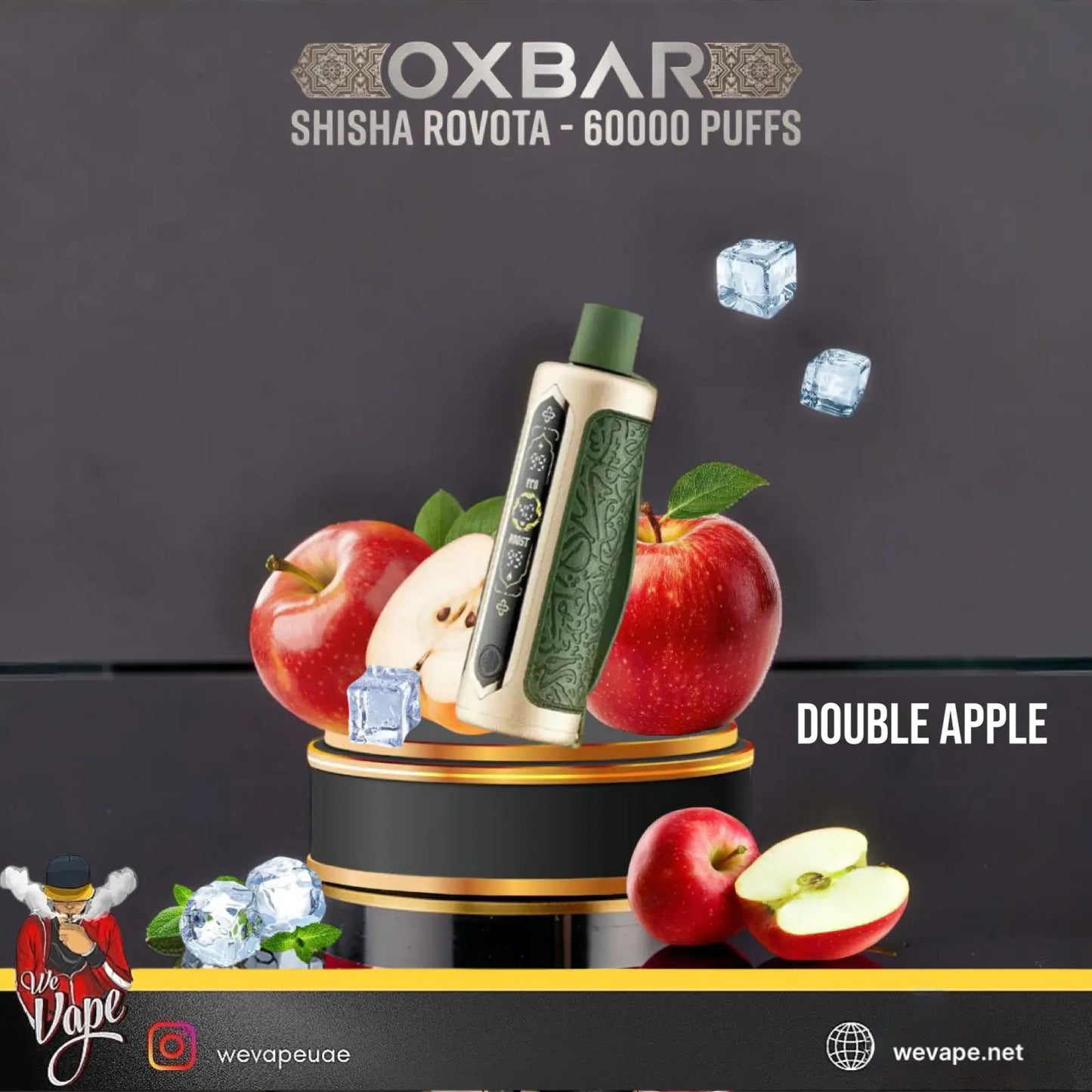 Oxbar Shisha Rovota Double Apple vape pen shown on a black display stand with red apples, apple slices, and ice cubes against a dark gray background. The text reads 'OXBAR', 'SHISHA ROVOTA - 6000 PUFFS', 'DOUBLE APPLE', and 'wevapeuae'. ORDER NOW AND GET DISCOUNT
