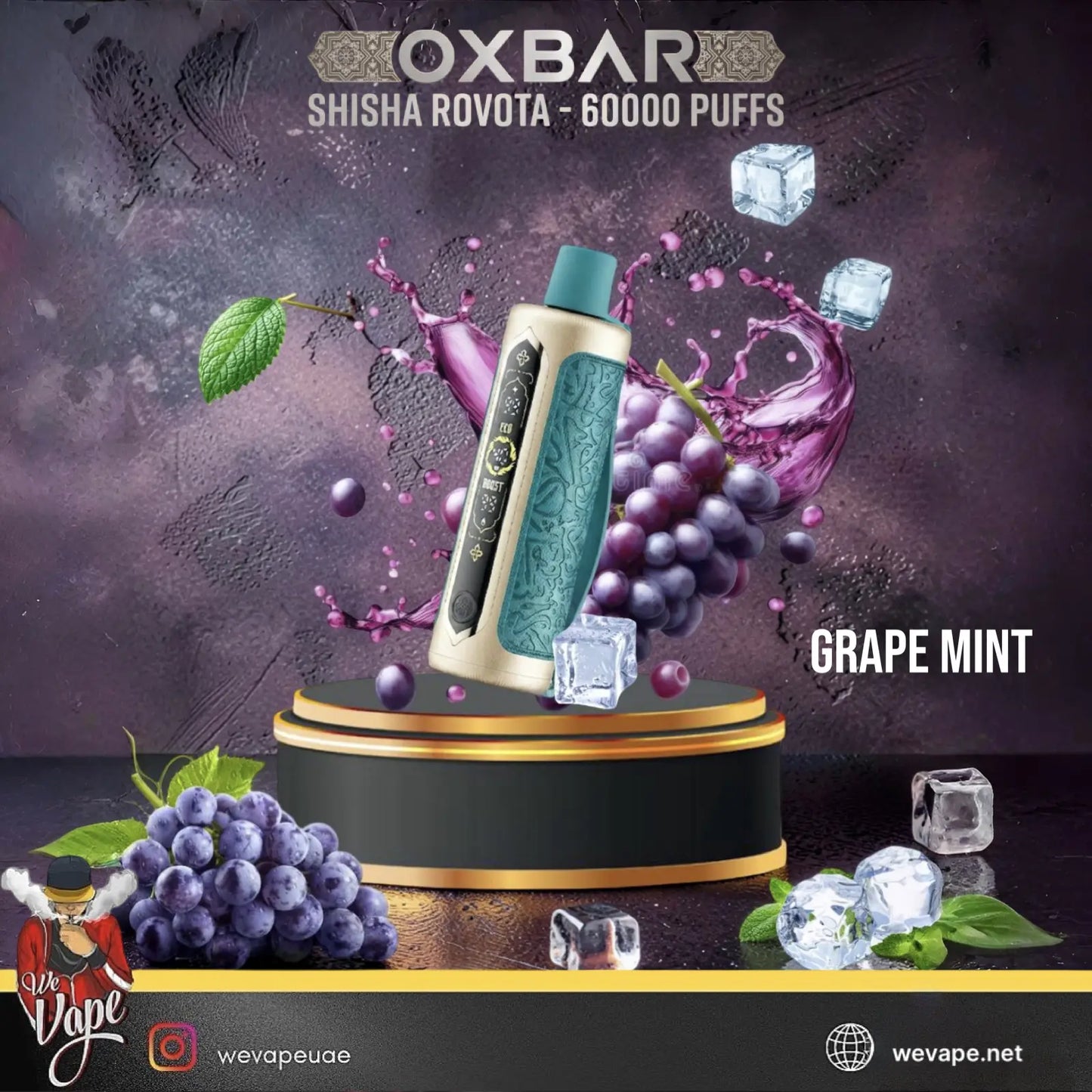 Oxbar Shisha Rovta Grape Mint vape product displayed on a black and gold pedestal with grape and ice graphics, against a dark purple textured background. ORDER NOW AND GET DISCOUNT.