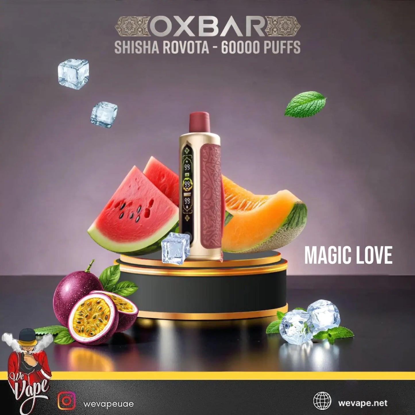 Oxbar Shisha Rovota disposable vape device displayed on a black and gold pedestal, surrounded by fresh watermelon, cantaloupe, passion fruit, ice cubes, and mint leaves against a dark purple gradient background. The text 'MAGIC LOVE' is visible on the right. ORDER NOW AND GET DISCOUNT