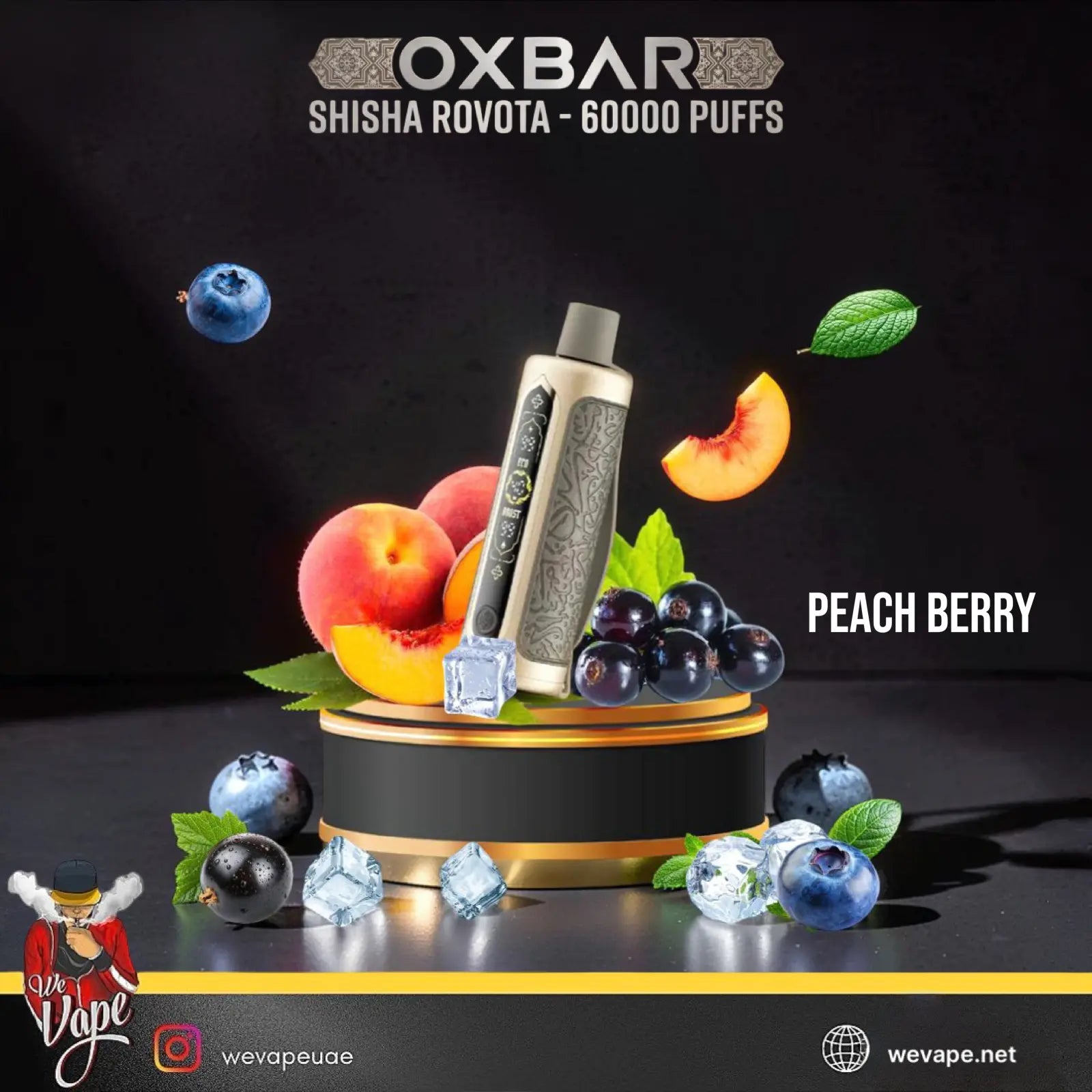 Oxbar Shisha Rovota disposable vape device in a peach berry flavor, displayed on a black and gold pedestal with floating peaches, blueberries, mint leaves, and ice cubes against a dark background. ORDER NOW AND GET DISCOUNT.