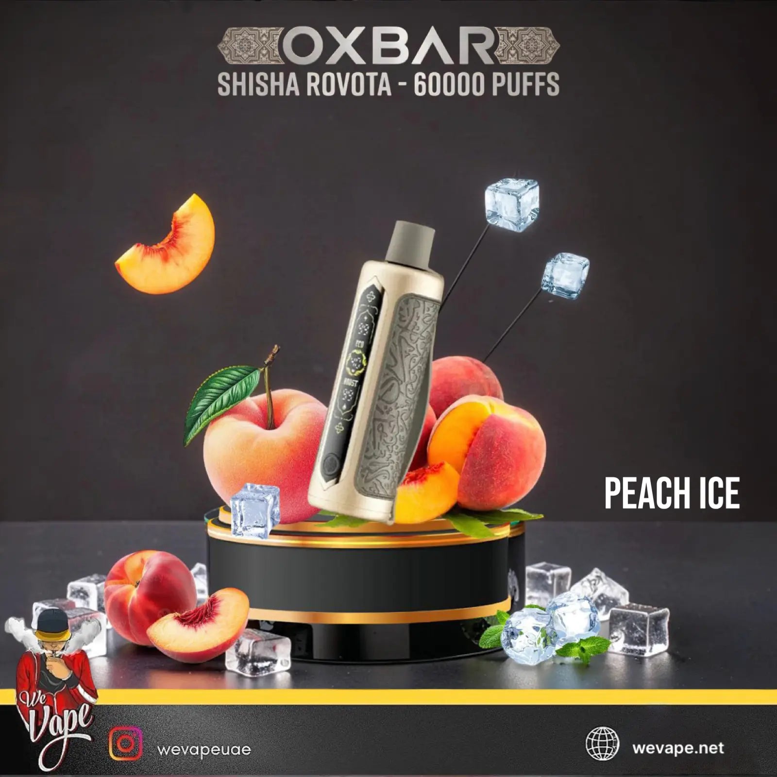 Oxbar Shisha Rovota Peach Ice disposable vape device displayed on a black and gold pedestal with peach slices, ice cubes, and dark background. Text reads 'OXBAR', 'SHISHA ROVOTA - 60000 PUFFS', and 'PEACH ICE'. ORDER NOW AND GET DISCOUNT