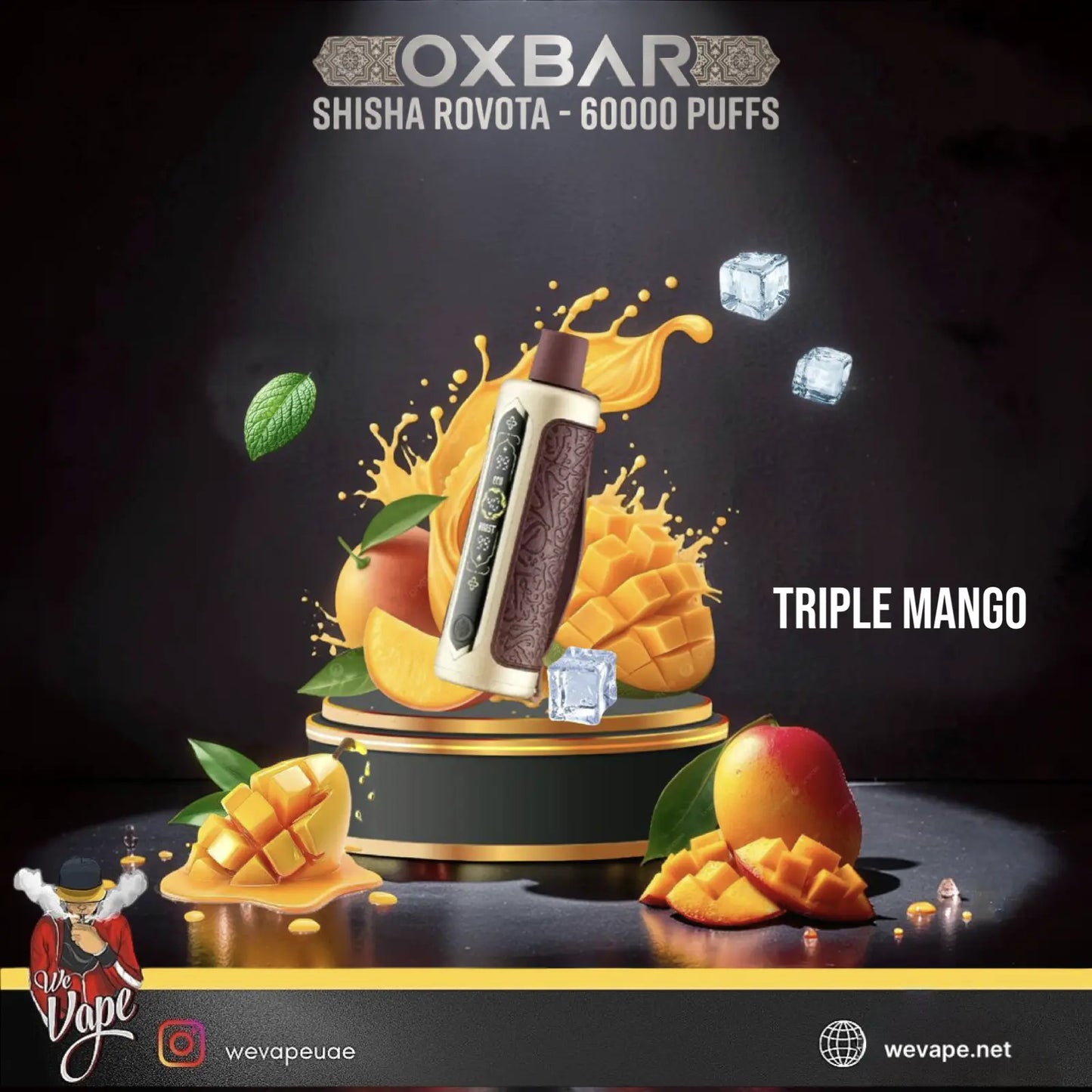 OXBAR Shisha Rovota Triple Mango disposable vape device shown with mango slices, ice cubes, and mango splashes on a dark background. ORDER NOW AND GET DISCOUNT.