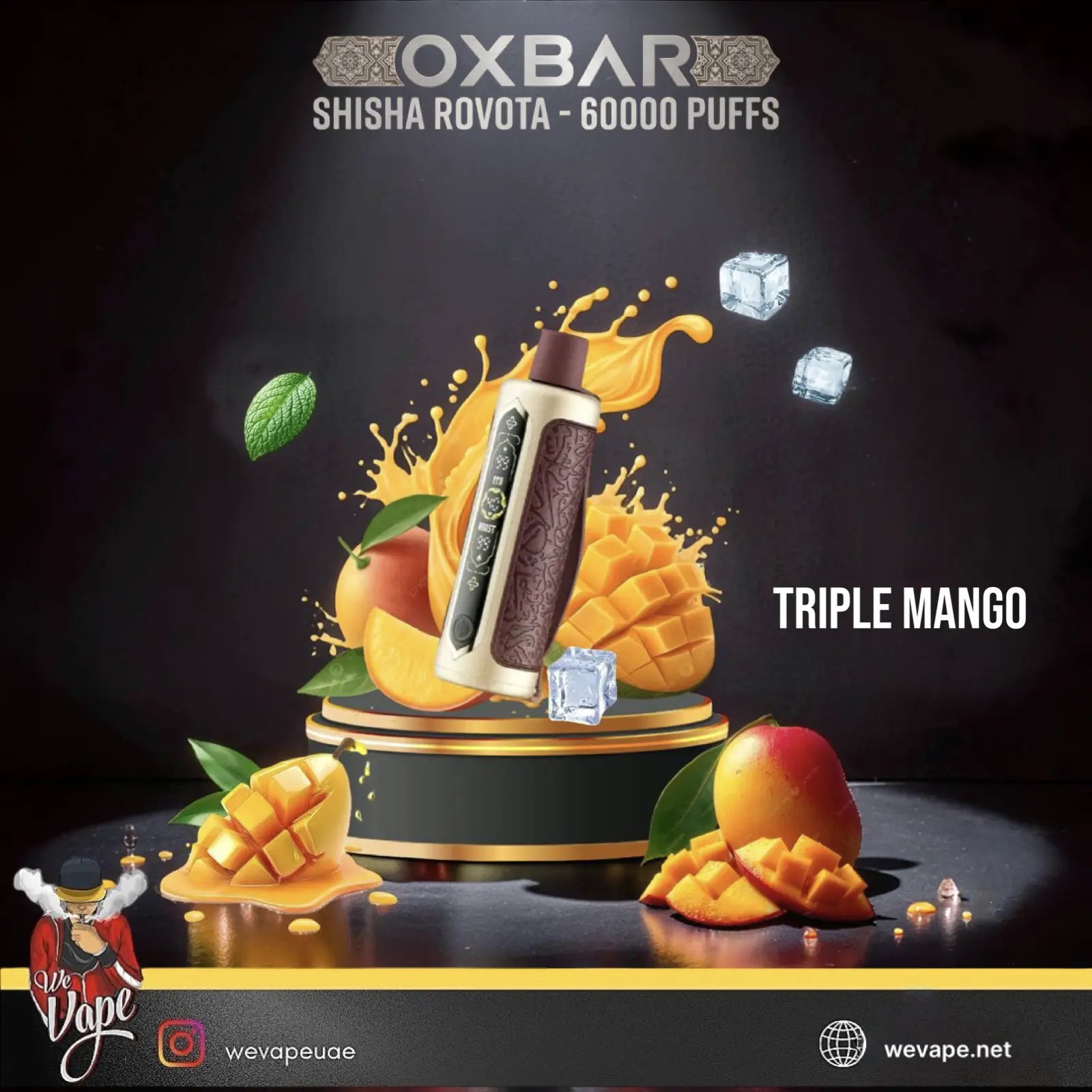 OXBAR Shisha Rovota Triple Mango disposable vape device shown with mango slices, ice cubes, and mango splashes on a dark background. ORDER NOW AND GET DISCOUNT.