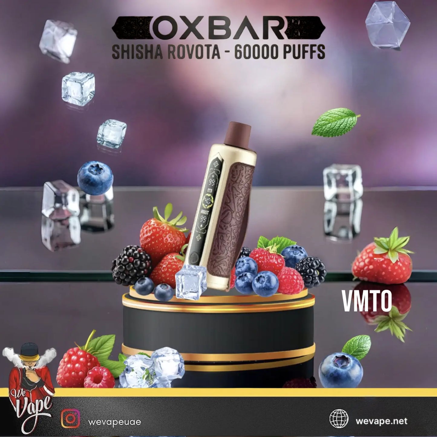 Oxbar Shisha Rovota disposable vape device displayed on a black and gold pedestal surrounded by fresh berries and floating ice cubes, with promotional text including 'OXBAR', 'SHISHA ROVOTA - 60000 PUFFS', 'VMTO', and social handle 'wevapeuae'. ORDER NOW AND GET DISCOUNT