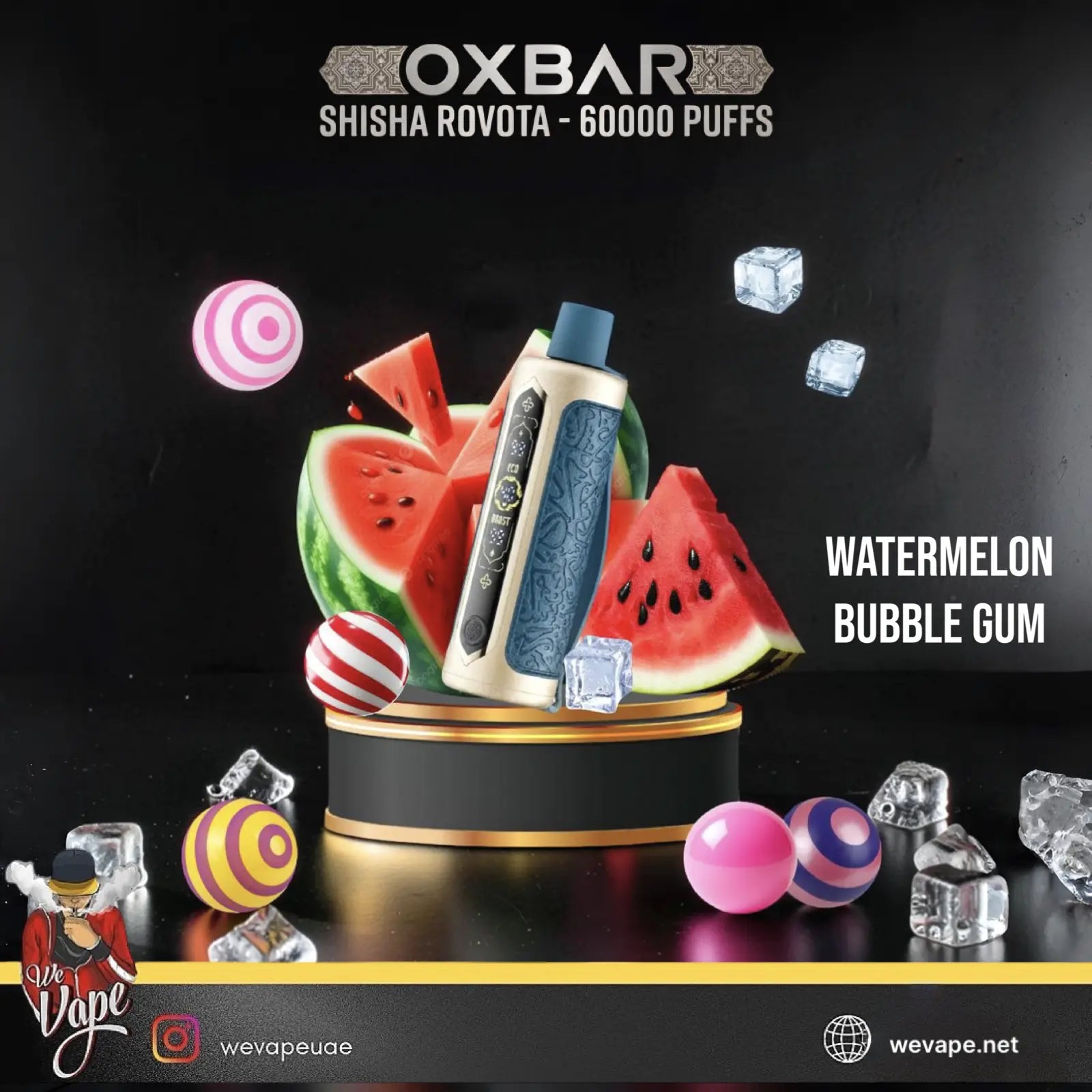 OXBAR Shisha Rovota disposable vape device themed around watermelon bubble gum, displayed on a black pedestal with watermelon slices, candy lollipops, and ice cubes against a dark background. ORDER NOW AND GET DISCOUNTS.