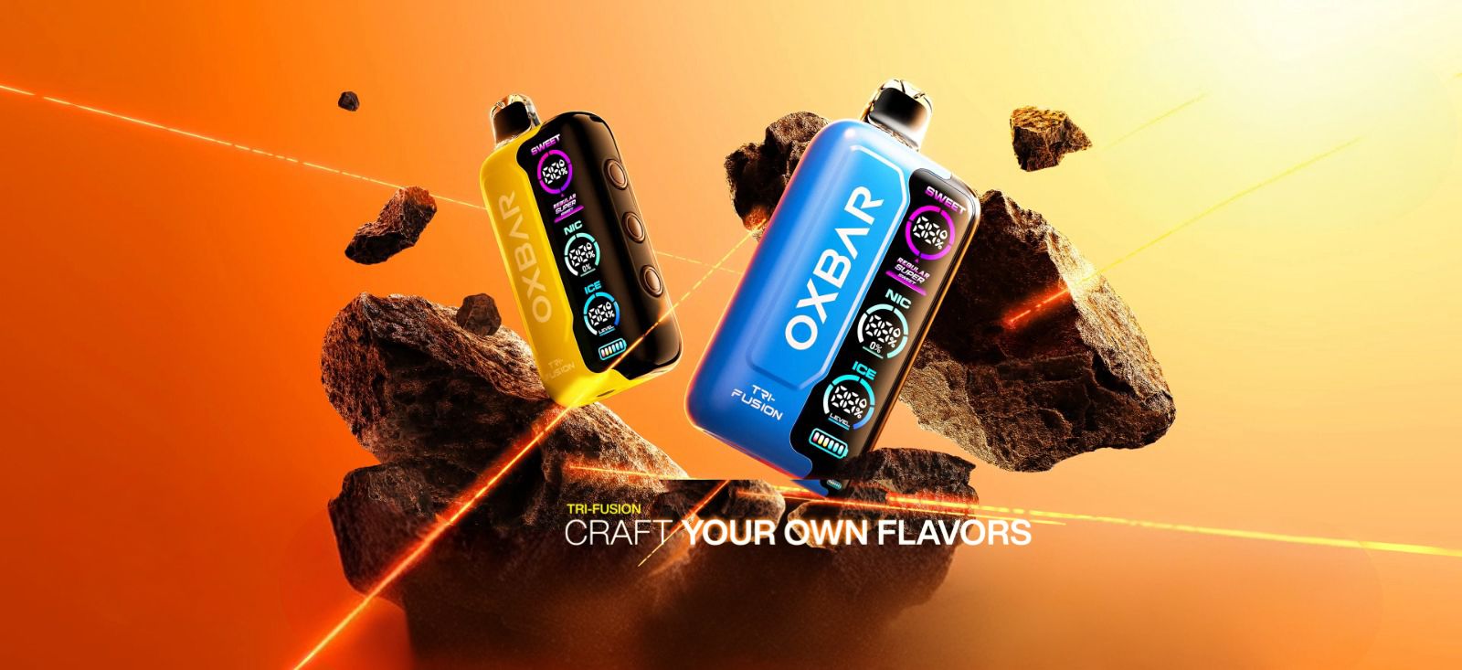 OXBAR tri-fusion Disposable Pod Kit on a rocky background with 'Craft Your Own Flavors' 