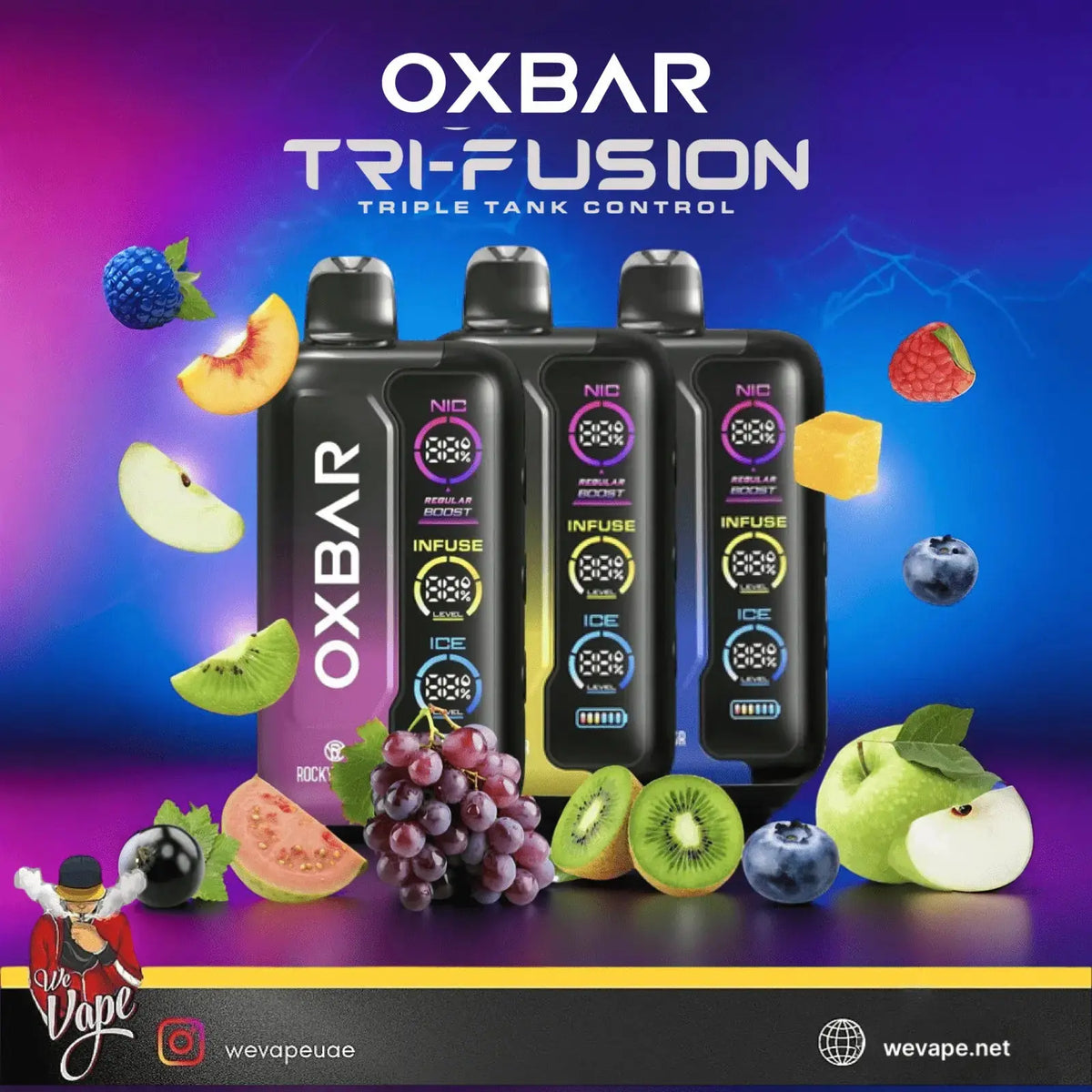 OXBAR Tri-Fusion vape devices with fruit graphics on a colorful background