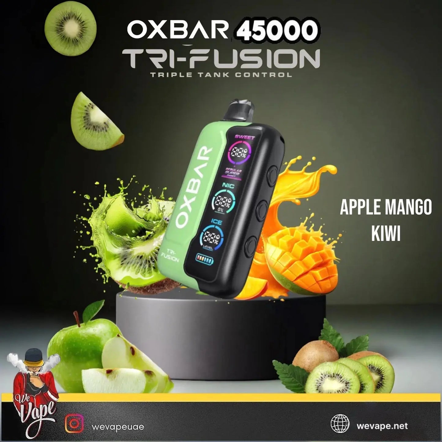 OXBAR 45000 Tri-Fusion vape device with fruit elements and branding on a dark background. ORDER NOW AND GET FREE DELIVERY!