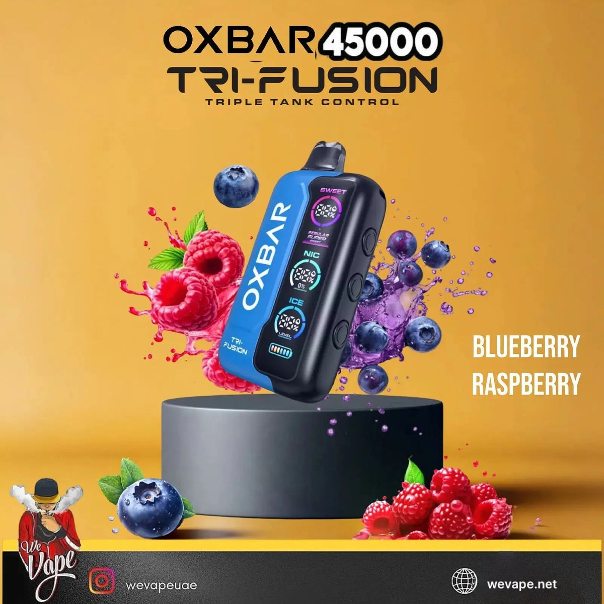 OXBAR 45000 Tri-Fusion vape device with blueberries and raspberries on a yellow background. ORDER NOW AND GET FREE DELIVERY.