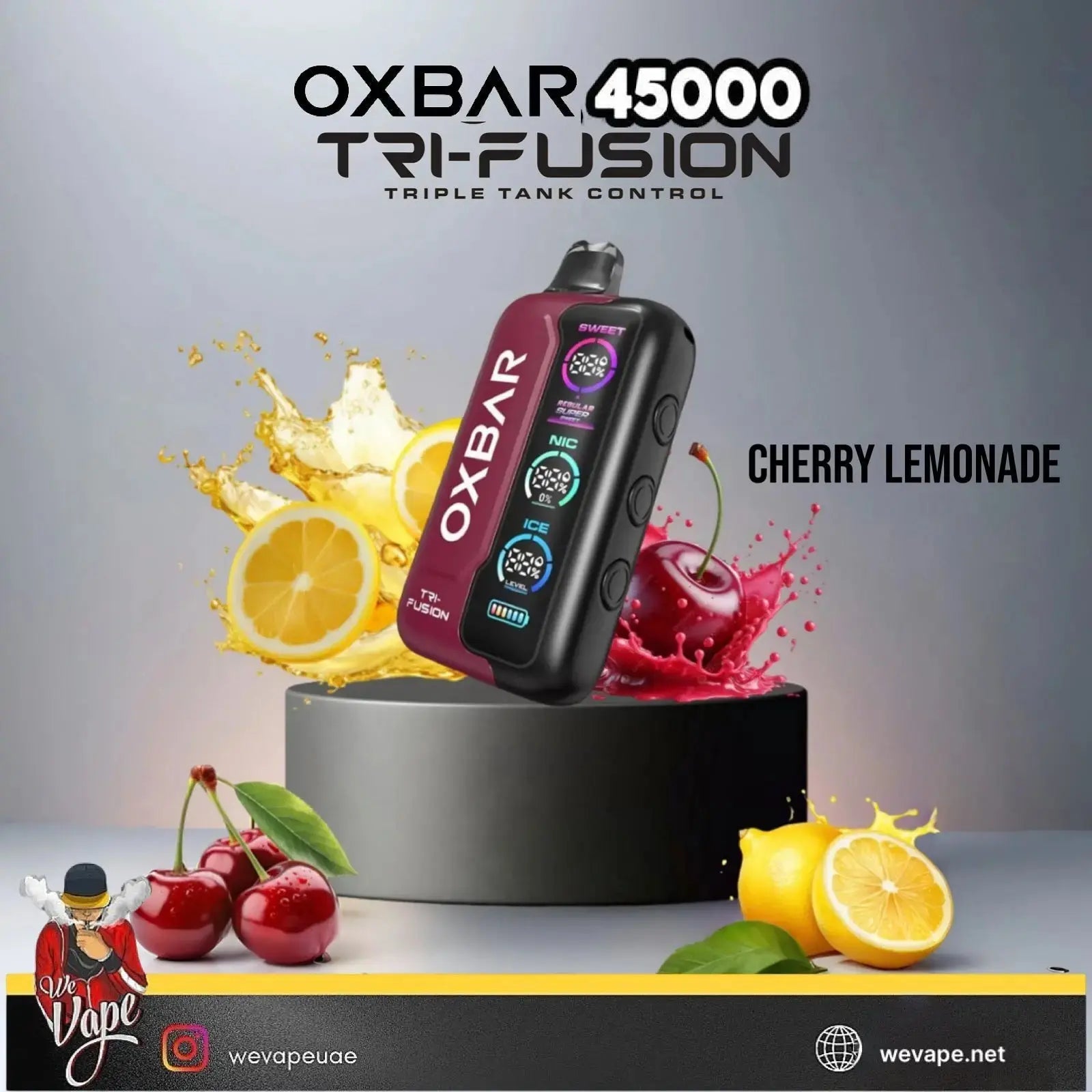 OXBAR 45000 Tri-Fusion vape device with cherry and lemon elements on a gray background. ORDER NOW AND GET FREE DELIVERY!