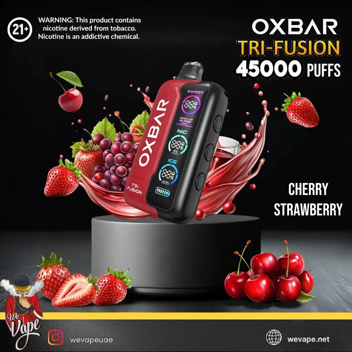 OXBAR Tri-Fusion vape device with cherry and strawberry flavors on a black background. ORDER NOW AND GET FREE DELIVERY!