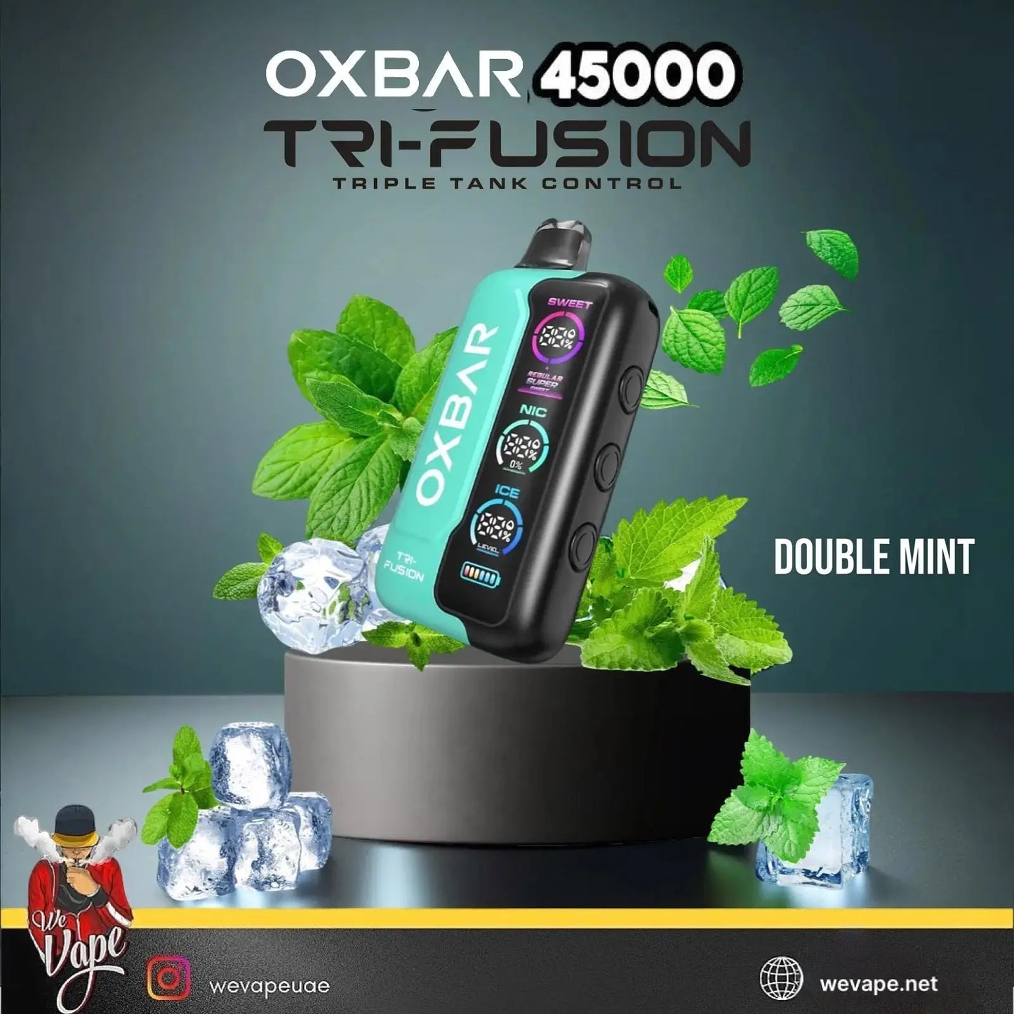 OXBAR 45000 Tri-Fusion vape device with mint leaves and ice cubes on a dark background. ORDER NOW AND GET FREE DELIVERY.