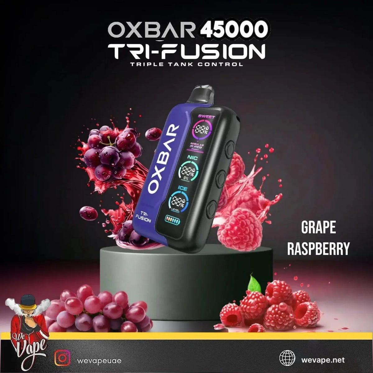 OXBAR 45000 Tri-Fusion vape device with grape and raspberry graphics on a dark background. ORDER NOW AND GET FREE DELIVERY
