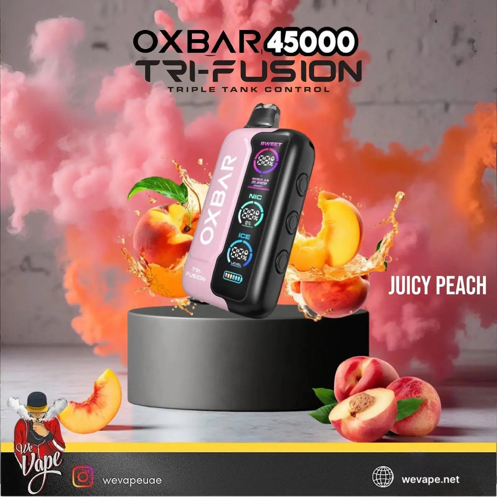 OXBAR 45000 Tri-Fusion vape device with colorful smoke and peaches on a gray background. ORDER NOW AND GET FREE DELIVERY!