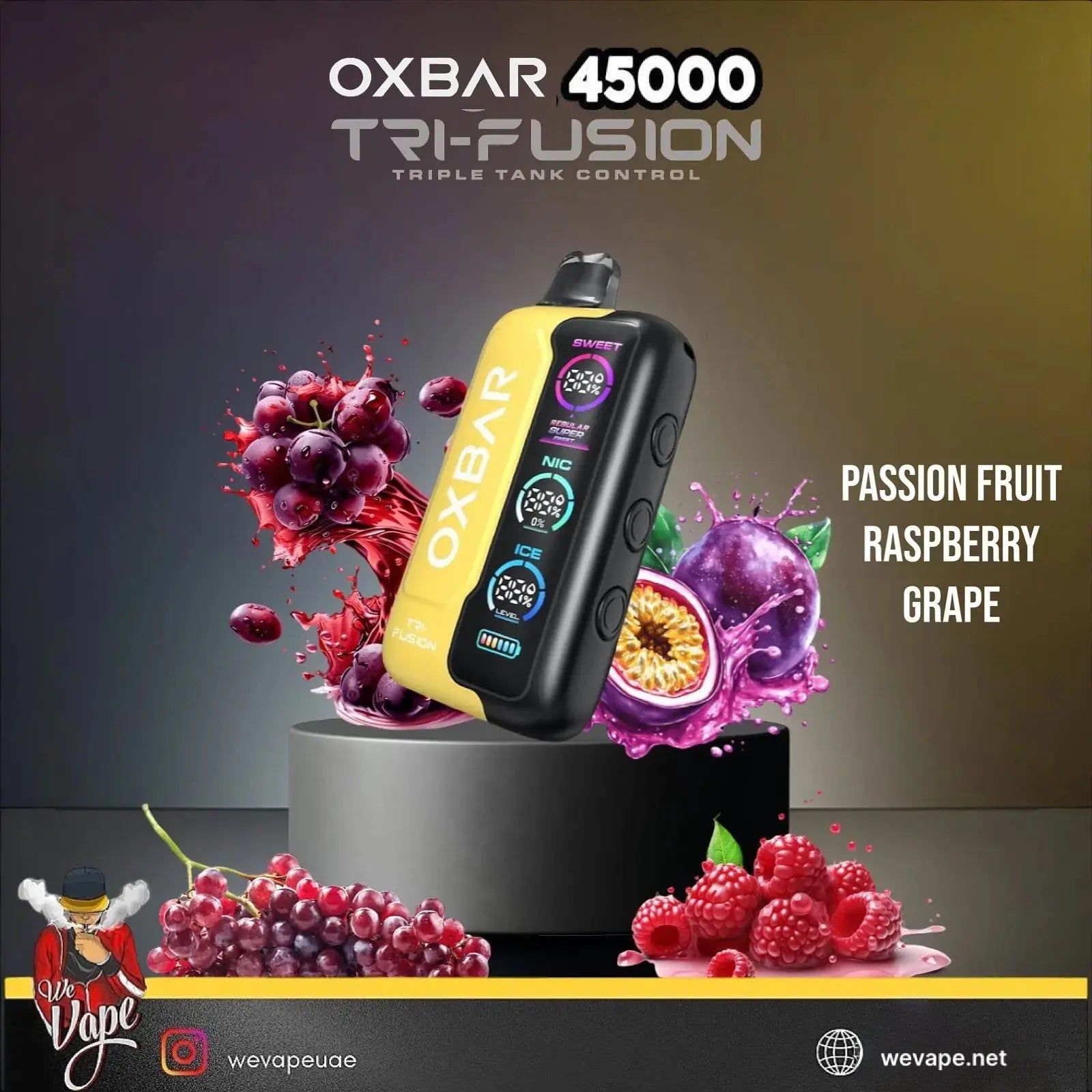 OXBAR 45000 vape device with fruit graphics on a dark background. ORDER NOW AND GET FREE DELIVERY!
