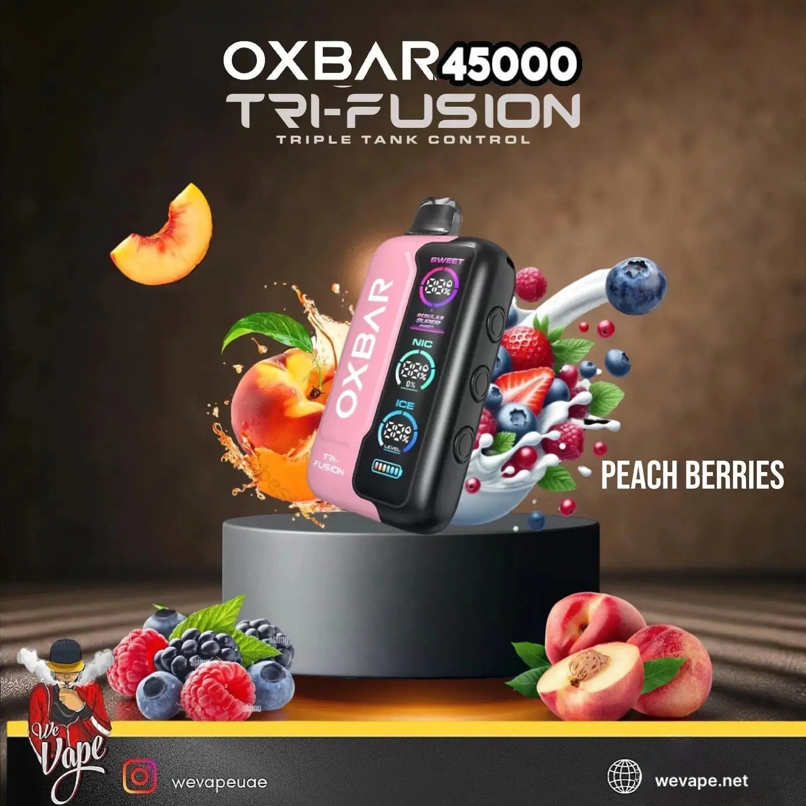 OXBAR 45000 Tri-Fusion vape device with peach and berry graphics on a dark background. ORDER NOW AND GET FREE DELIVERY.